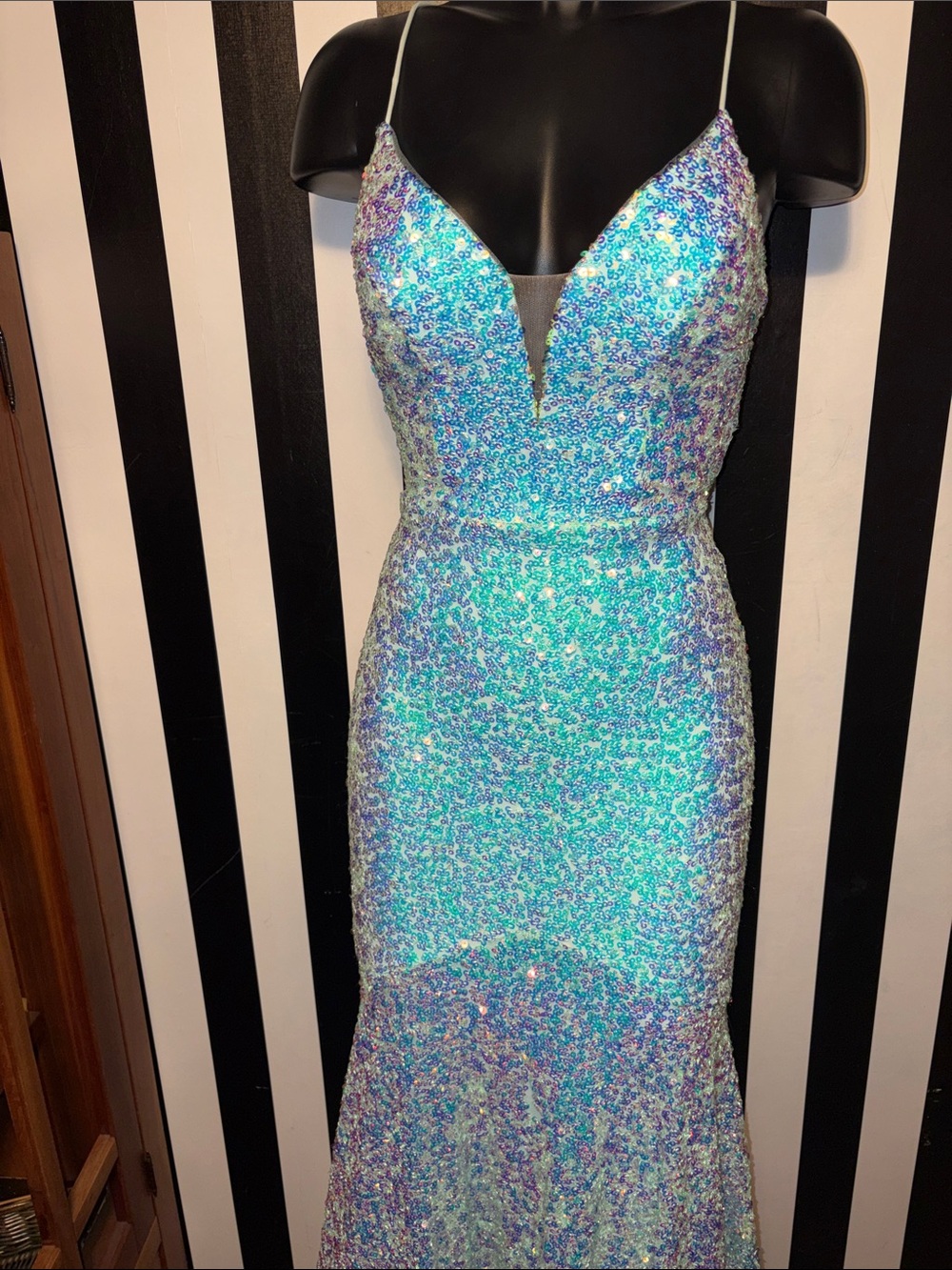 Custom Prom Dress Sparkling Iridescent Sequin Mermaid Dress Aqua Tiffany Blue XS - Picture 8 of 16